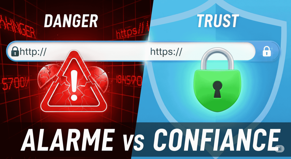 Comparaison visuelle d'une URL en HTTP (Non sécurisé) et HTTPS (cadenas vert)