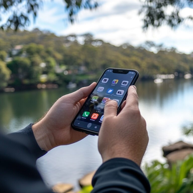 person using a smartphone with social media nepean river penrith