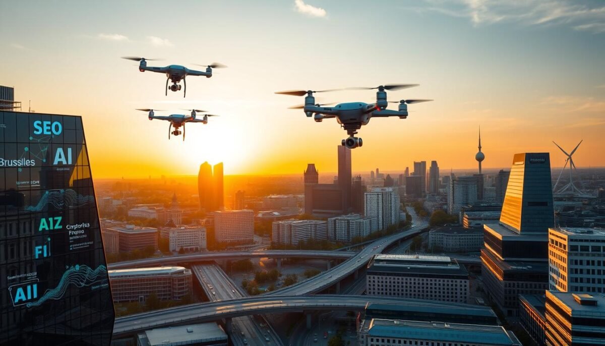 A bustling city skyline of Brussels, Belgium, bathed in a warm, golden glow of the setting sun. In the foreground, a sleek, modern office building adorned with cutting-edge digital displays showcasing the latest AI-powered SEO trends and strategies. Hovering above the city, a swarm of drone-like devices collects data and analyzes the digital landscape, their movements fluid and precise. The middle ground features a network of interconnected highways and transportation hubs, reflecting the dynamic, tech-savvy nature of the city's professional landscape. In the background, the iconic landmarks of Brussels, such as the Grand Place and the Atomium, stand as a testament to the city's rich history and its embrace of innovative technologies. The overall scene conveys a sense of progress, innovation, and the transformative power of artificial intelligence in the world of search engine optimization.