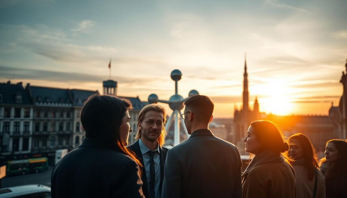 A bustling cityscape of Brussels, with the iconic Atomium in the background, casting a sleek, modern silhouette against a sky of soft hues. In the foreground, a group of professionals gather, discussing the future of natural search engine optimization, their expressions thoughtful and engaged. The lighting is warm and ambient, creating a sense of contemplation and intellectual discourse. The scene is captured through a medium-wide angle lens, emphasizing the dynamic interplay between the urban environment and the experts navigating its digital landscape. An atmosphere of innovation and strategic planning permeates the image, hinting at the evolving nature of search engine optimization in the vibrant city of Brussels.