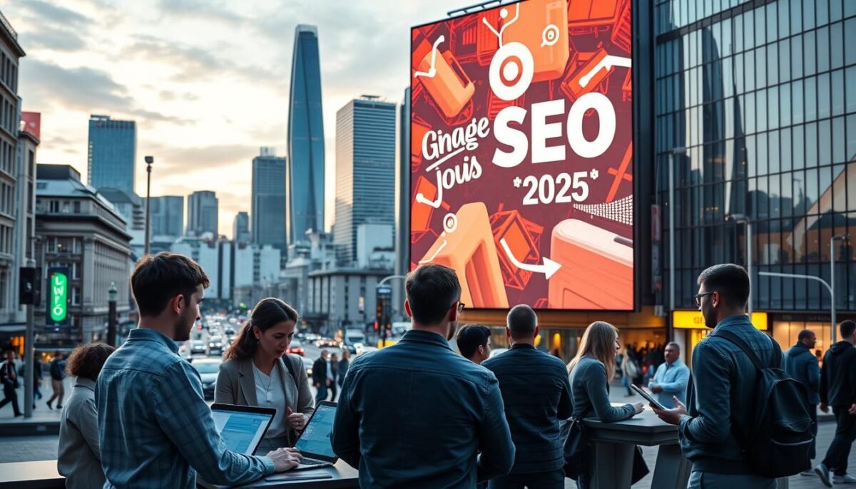 A bustling cityscape of Liège in 2025, showcasing the latest trends in web positioning strategies. The foreground features a group of digital marketing experts engaged in a lively discussion, their laptops and tablets capturing the latest analytics and insights. In the middle ground, a towering digital billboard displays eye-catching visual content, highlighting the emergence of innovative SEO techniques tailored for the local market. The background depicts the city's skyline, with modern high-rise buildings and state-of-the-art infrastructure, symbolizing the rapid technological advancements transforming the digital landscape. The scene is bathed in a warm, golden glow, conveying a sense of optimism and progress. Cinematic lighting and a wide-angle lens capture the dynamic energy of Liège's thriving digital ecosystem.