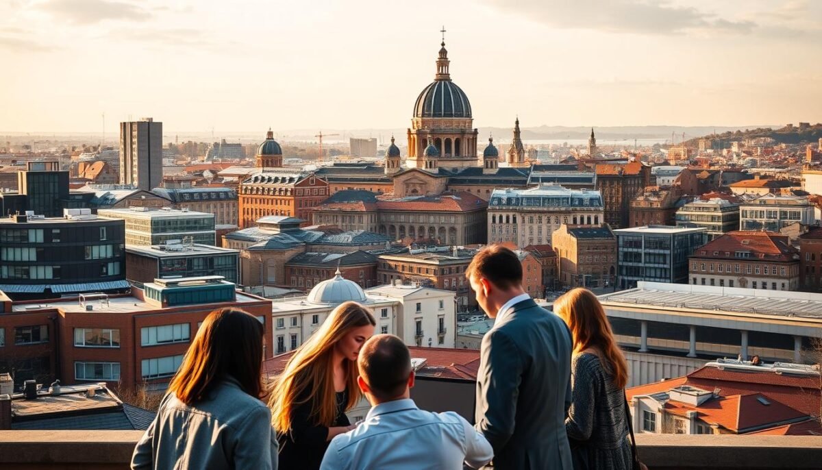 A bustling cityscape of Toulouse, France, with the iconic Capitole de Toulouse prominently featured in the background. In the foreground, a group of professionals gathered around a laptop, discussing local SEO strategies for their businesses. Warm, golden lighting bathes the scene, creating a sense of productivity and collaboration. The middle ground showcases modern office buildings and coworking spaces, reflecting the thriving entrepreneurial spirit of the city. Subtle hints of the Garonne River can be seen in the distance, adding to the picturesque setting. The overall atmosphere conveys the importance of leveraging local SEO to succeed in the Toulouse business landscape in 2025.