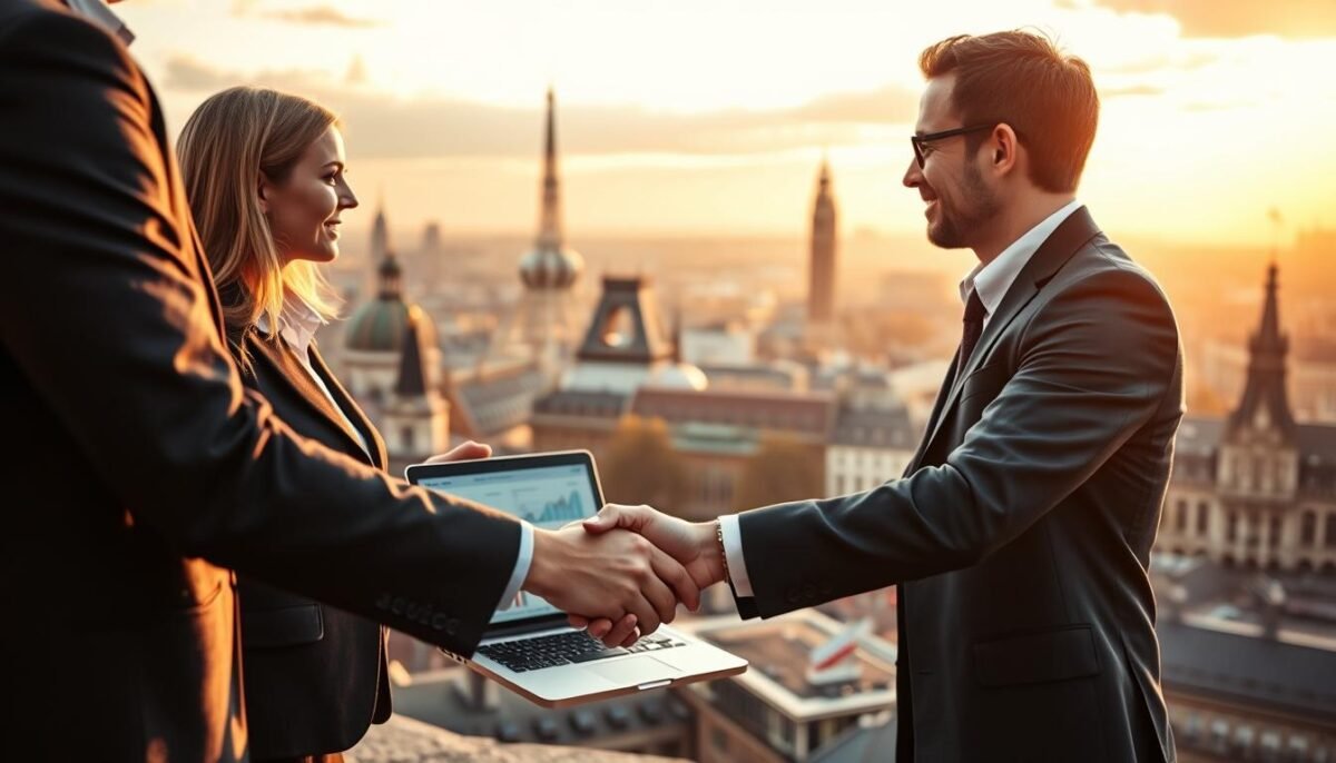 A collaboration process between an agency and a client, set against the backdrop of a bustling Brussels cityscape. In the foreground, two professionals in smart attire shake hands, symbolizing their partnership. In the middle ground, a sleek laptop displays analytics and strategy, while the background features iconic Brussels landmarks like the Atomium and the Brussels skyline, bathed in warm, golden lighting to convey a sense of productivity and success. The composition emphasizes the efficient, professional nature of the collaboration, with a focus on the key elements of natural search engine optimization.