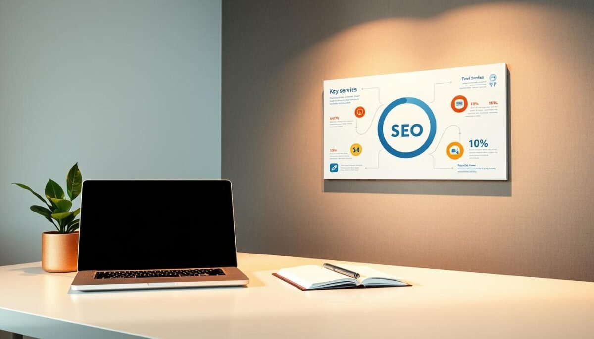 A cozy office setting with a sleek, minimalist desk showcasing a laptop, notepad, and a decorative plant. Warm, indirect lighting casts a soft glow, creating a serene and productive atmosphere. In the background, a stylized infographic depicting key metrics and insights related to SEO services floats against a muted, textured wall. The overall composition conveys professionalism, expertise, and a focus on data-driven strategies for optimizing online visibility.
