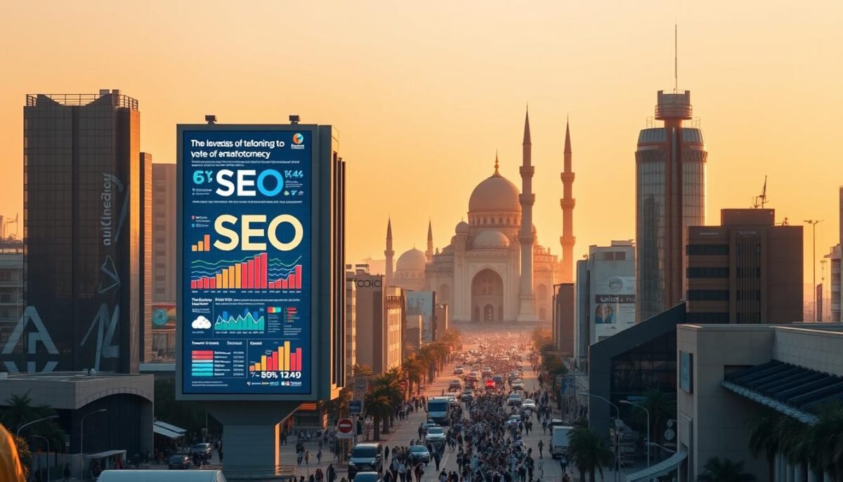 Les 10 meilleures agences SEO au maroc en 2025 3 A futuristic cityscape of Casablanca, Morocco, bathed in a warm, golden light. In the foreground, a towering digital billboard displays captivating data visualizations, showcasing the latest SEO trends and insights transforming the Moroccan market. Sleek, high-rise buildings surround the scene, their facades adorned with cutting-edge technology and digital displays. In the middle ground, bustling streets teem with a diverse array of people, all immersed in the digital landscape. In the background, the iconic Hassan II Mosque stands tall, its grand architecture juxtaposed with the modern, technology-driven environment. The overall atmosphere conveys a sense of progress, innovation, and the seamless integration of digital marketing strategies within the Moroccan business landscape.