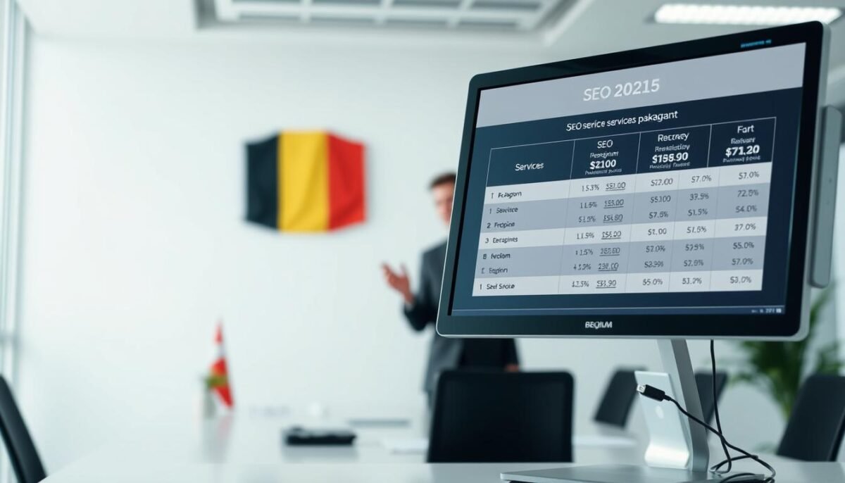 Les 10 meilleures agences SEO en belgique en 2025 4 A high-resolution photograph showcasing the current pricing landscape for SEO services in Belgium in the year 2025. The image should depict a modern office setting, with a clean and minimalist design aesthetic. In the foreground, a desktop computer display shows a detailed breakdown of SEO service packages and their corresponding prices, presented in a clear and easy-to-understand format. The middle ground features a professional SEO consultant or agency representative, dressed in business attire, providing a consultation or presentation to a client. The background should convey a sense of professionalism and expertise, with subtle design elements that reinforce the Belgian context, such as the country's flag or architectural motifs. The overall mood should be one of authority, transparency, and precision, reflecting the importance of SEO services in the modern digital landscape.