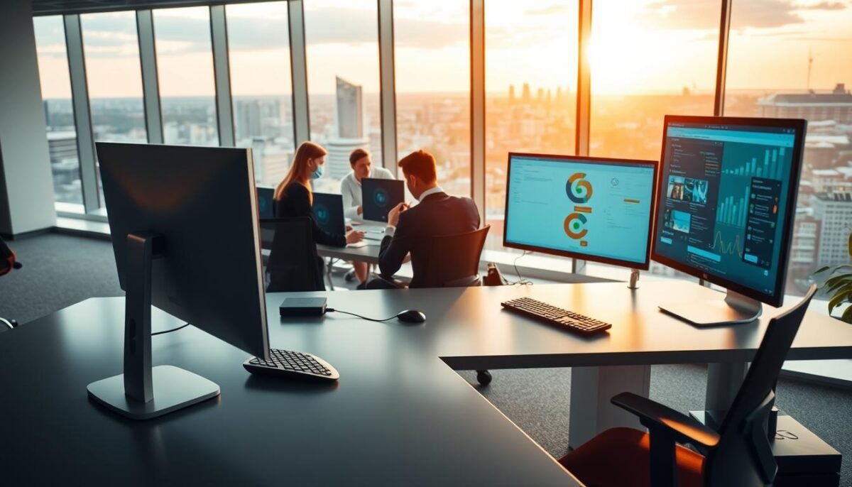 Top 10 agence seo Liège et conseils pour 2025 2 A high-tech office interior in Liège, Belgium. In the foreground, a sleek, modern desk with a state-of-the-art computer setup. In the middle ground, a team of digital marketing experts collaborating on SEO strategies, their faces illuminated by the glow of multiple screens. The background features floor-to-ceiling windows offering a panoramic view of the city skyline, bathed in warm, golden light. The overall atmosphere conveys a sense of expertise, innovation, and efficiency, capturing the essence of a top-tier SEO agency in Liège.