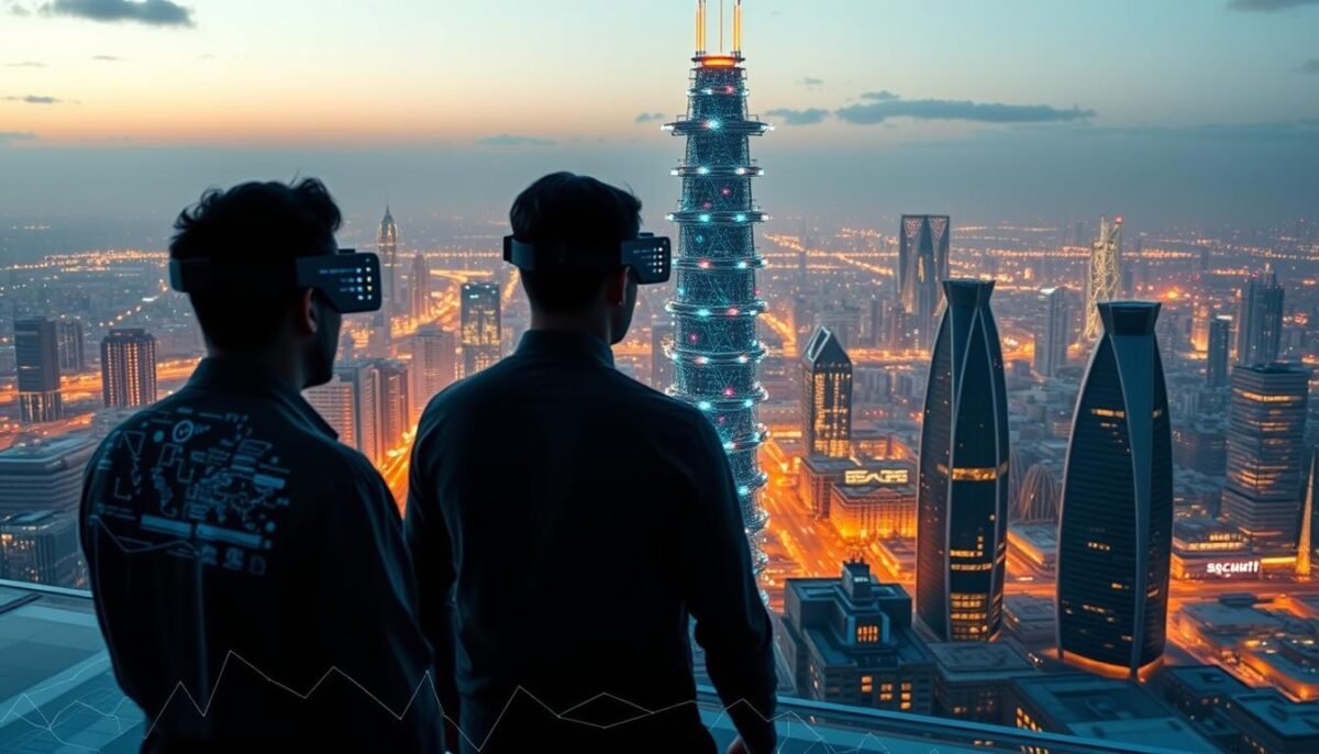 Les 10 meilleures agences SEO en belgique en 2025 3 A modern, AI-powered SEO agency in Wallonia, Belgium. The foreground features a team of digital marketers collaborating on a virtual dashboard, their faces obscured by glowing AR interfaces. In the middle ground, a towering AI superstructure dominates the skyline, its neural networks pulsing with data streams. The background depicts a cityscape of sleek, futuristic buildings, bathed in warm lighting that creates a sense of technological progress and innovation. The scene conveys the transformative power of generative AI, reshaping the SEO landscape and ushering in a new era of data-driven, hyper-personalized digital marketing.