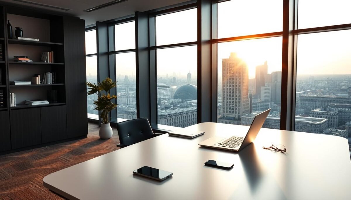 A modern, elegant office interior in a high-rise building in Brussels, Belgium. Warm, diffused natural lighting floods the space through large windows overlooking the city skyline. On a sleek, minimalist desk, a laptop, a smartphone, and a few carefully arranged office supplies sit, hinting at the workings of a SEO agency. Shelves along the walls display books and decorative elements that convey a sense of professionalism and expertise. The overall atmosphere is one of focused productivity and attention to detail, reflecting the careful consideration needed when choosing a SEO agency in Brussels.