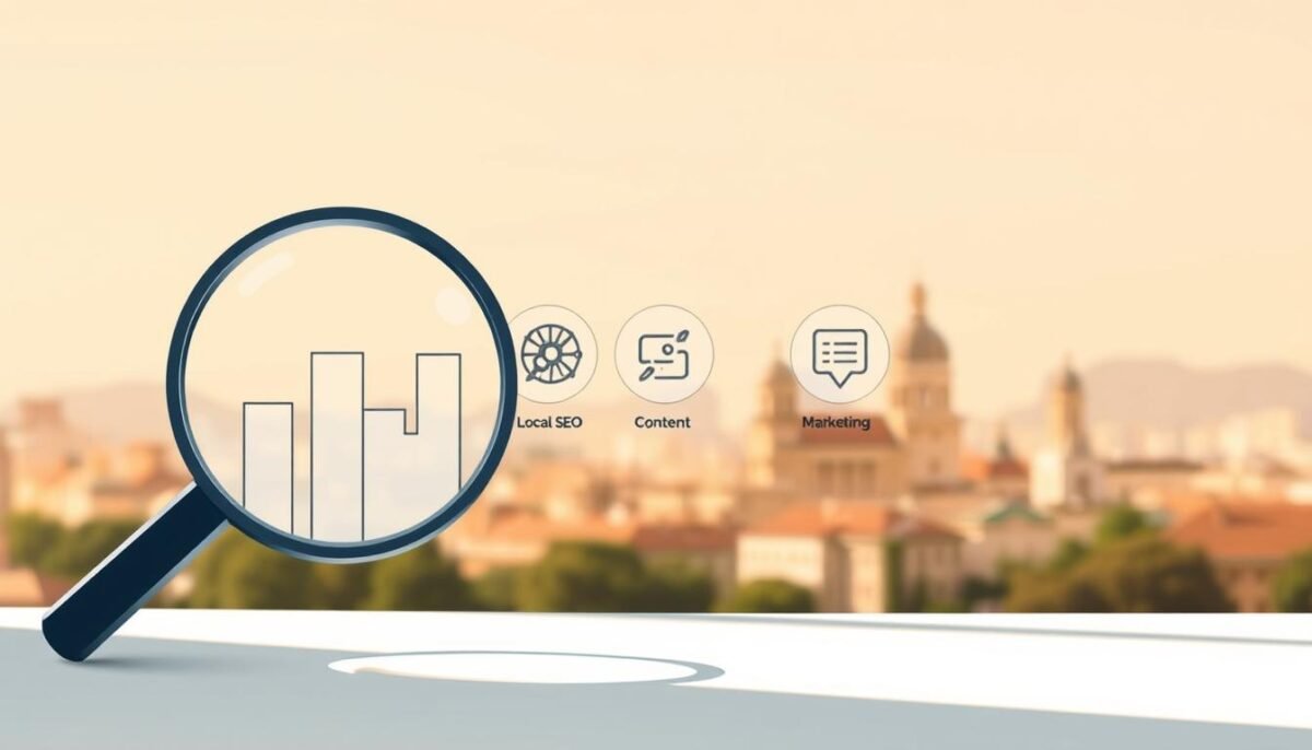 Les 10 meilleures agences SEO à Montpellier en 2025 3 A modern, minimalist illustration depicting a detailed SEO strategy guide for businesses in Montpellier. In the foreground, a clean, stylized graphic of a magnifying glass overlaying a cityscape, symbolizing the research and analysis involved in an effective SEO campaign. The middle ground features a trio of icons representing key SEO pillars: search engine optimization, local SEO, and content marketing. The background depicts a softly blurred Montpellier skyline in warm, muted tones, creating a sense of professionalism and expertise. Lighting is natural and slightly diffused, conveying a calm, authoritative atmosphere. The overall composition is balanced and visually striking, reflecting the guidance and insights offered within the SEO strategy guide.