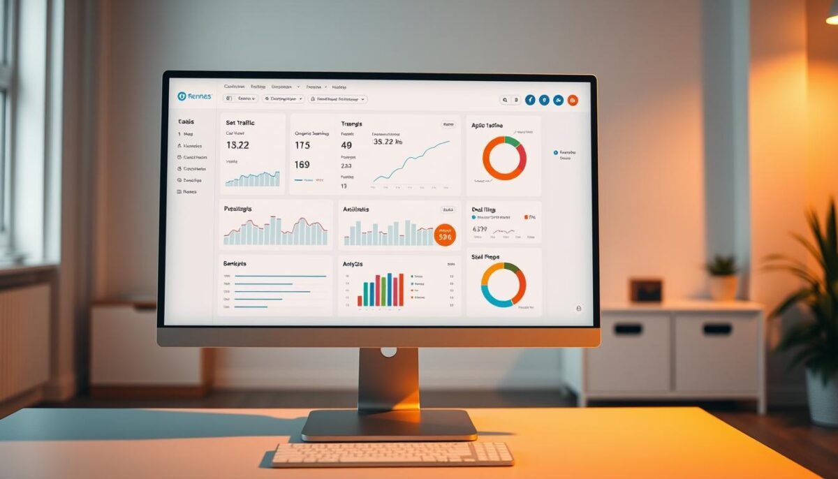 Top 10 des agences SEO de Rennes en 2025 : guide et conseils 4 A professional-looking data visualization dashboard displayed on a computer screen, showcasing key SEO performance metrics and insights for a Rennes-based business. The dashboard has a clean, minimalist design with charts, graphs, and indicators presenting website traffic, organic search rankings, backlink analysis, and other relevant SEO KPIs. The layout is well-organized, with clear labeling and intuitive navigation. The scene is illuminated by warm, indirect lighting, creating a calm and focused atmosphere. The computer is situated on a simple, modern desk in a bright, airy office space, hinting at the workplace context. The overall impression is one of data-driven, high-performance SEO evaluation and optimization.
