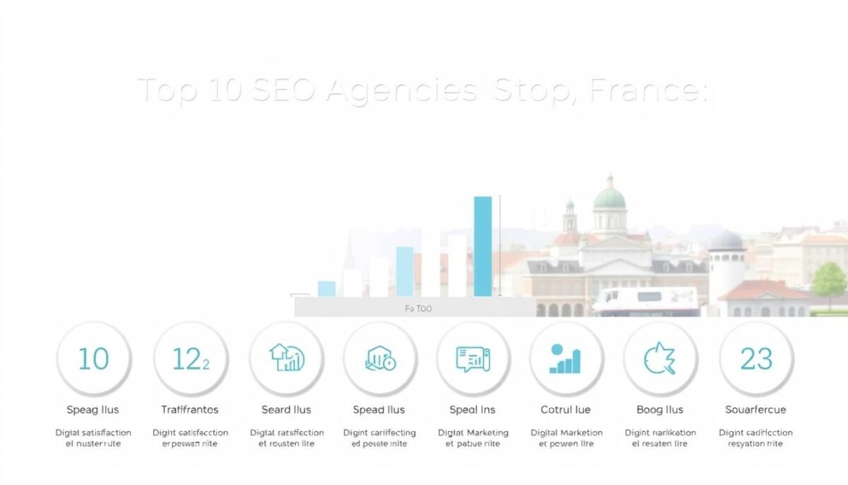 A professional-looking infographic showcasing the top 10 SEO agencies in Toulouse, France. The image has a sleek, minimalist design with a clean white background. In the foreground, there are 10 circular icons, each representing one of the top-ranked agencies. The icons are arranged in a grid layout, with subtle numbering to indicate their ranking. The middle ground features a simple bar graph, visualizing key metrics like client satisfaction, search engine rankings, and digital marketing expertise for each agency. In the background, there is a subtle cityscape of Toulouse, with its iconic architecture and landmarks, conveying a sense of place. The overall lighting is bright and natural, creating a sense of professionalism and authority. The image should have a sleek, modern aesthetic that complements the article's subject matter.
