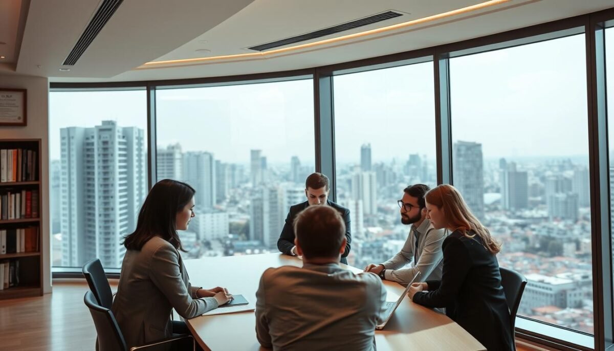 Les 10 meilleures agences SEO au maroc en 2025 4 A sleek and modern office interior with a large window overlooking a bustling city skyline. In the foreground, a team of professionals gathered around a conference table, deep in discussion. They are dressed in business attire, their expressions focused and intent. The lighting is soft and warm, creating a professional yet inviting atmosphere. In the background, shelves of books and framed certificates suggest the agency's expertise and credibility. The overall scene conveys a sense of authority, efficiency, and a commitment to delivering top-quality SEO services to clients in Morocco.