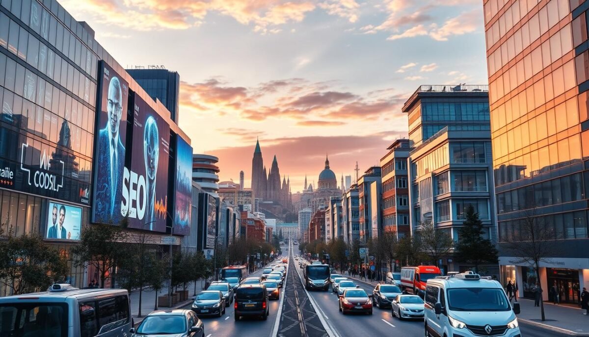 A vibrant and futuristic cityscape of Toulouse in 2025, showcasing the latest trends in web optimization and SEO. In the foreground, sleek and modern office buildings adorned with holographic displays and interactive billboards, highlighting the cutting-edge digital marketing strategies employed by leading agencies. The middle ground features a bustling street scene with autonomous vehicles and pedestrians using augmented reality interfaces to navigate the city. In the background, a skyline of towering skyscrapers and gleaming spires, bathed in the warm glow of an evening sunset. The scene exudes a sense of technological progress, innovation, and the ever-evolving nature of the SEO landscape in Toulouse.