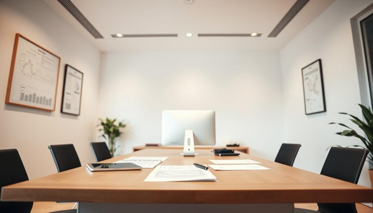 Les 10 meilleures agences SEO à lille en 2025 2 A well-lit, modern office interior with a large desk and computer setup. On the desk, documents, a tablet, and a pen are neatly arranged, conveying a sense of methodical organization. The walls feature minimalist decor, such as framed diagrams or charts, hinting at the analytical nature of the work. Soft, diffused lighting creates a professional, yet warm atmosphere. The camera angle is slightly elevated, providing a comprehensive view of the workspace, emphasizing the thoughtful and meticulous nature of the "méthodologie évaluation agences SEO Lille" process.