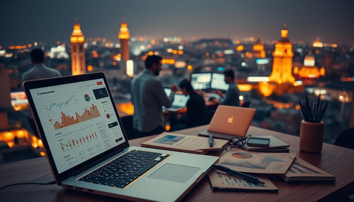 Les 10 meilleures agences SEO au maroc en 2025 5 Stratégie référencement Maroc expert: A meticulously crafted digital landscape showcasing the art of Search Engine Optimization in Morocco. In the foreground, a sophisticated laptop displays analytics and strategies, surrounded by a well-organized workspace with reference materials and notes. In the middle ground, a team of digital experts collaborates, their faces illuminated by the glow of screens. In the background, the vibrant cityscape of Casablanca or Marrakech serves as a backdrop, highlighting the dynamic, tech-savvy nature of the Moroccan digital marketing industry. Warm lighting casts a professional, authoritative atmosphere, conveying the expertise and mastery required to excel in Moroccan SEO.